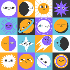 Vector set of cartoon planets. Funny planets and stars with different emotions. Cartoon colorful emoji. Fantasy space characters