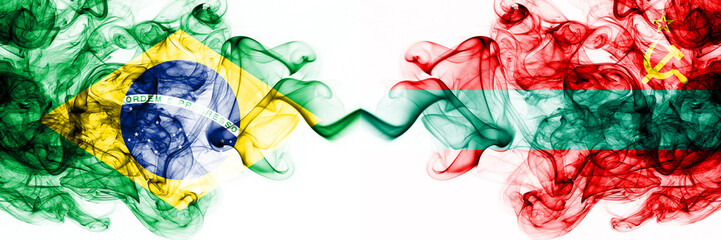 Brazil, Brazilian vs Transnistria smoky mystic flags placed side by side. Thick colored silky abstract smoke flags combination