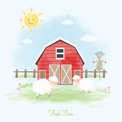 Fresh farm sheep, scarecrow and barn hand drawn animal illustration