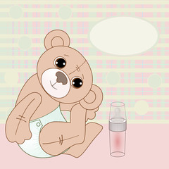 Baby Teddy bear in a diaper sits on the floor, and next is a bottle with a pacifier, color vector illustration in gentle pastel colors