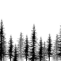 Seamless pattern with dotted spruce tree or coniferous forest in black on the white background. © bokasana