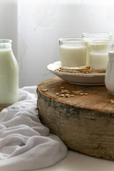 Fresh oat milk drink. Healthy nutritional ingredient, dairy themes