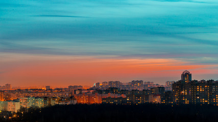 Beautiful night skyline of provincial city with illuminated.
