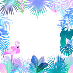 Fototapeta na wymiar Tropical jungle neon palm leaves frame with flamingo, vector background