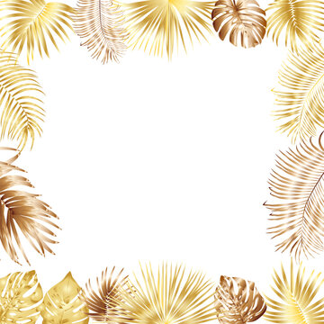 Vector tropical jungle frame with gold palm trees and leaves on white background