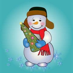 Snowman holds a Christmas tree with lights.