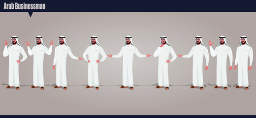 Cartoon Arab Businessman character Set with hand poses and action vector illustration. 