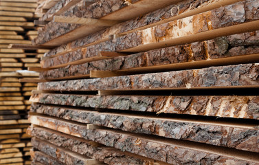 Wooden planks. Air-drying timber stack.
