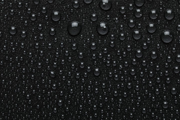 Fototapeta premium Water drops on black background, top view