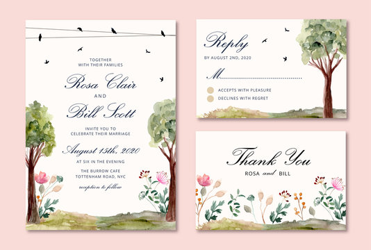 wedding invitation set with bird and tree watercolor background