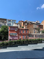 View of old buildings in Dolapdere area of Istanbul. It is a sunny summer day.