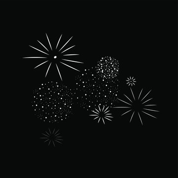 Fireworks, Fireworks Display. New Year's, Public Celebratory Event. Black And White Drawing, Doodle, Illustration. Simple, Minimalist Vector Style. White Line, Linear Vector, Dark, Black Background