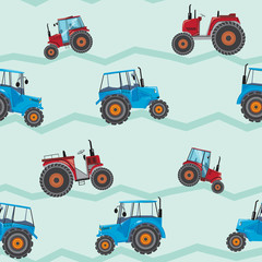 A seamless pattern with farm tractors, a vector stock illustration with red and blue flat agricultural machines for printing
