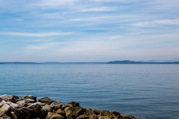 Looking out over the calm water of Elliott Bay, in the city of Seattle