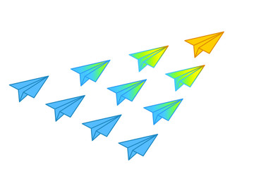 Vector illustration. Paper airplanes. They are flying. Leader and followers. Isolated on white. Stock illustration. Key Opinion Leaders