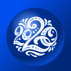 Hand drawn vector lettering calligraphy number text 2020. Happy New Year greeting card. Vintage Christmas decoration design. Gzhel Russian style.