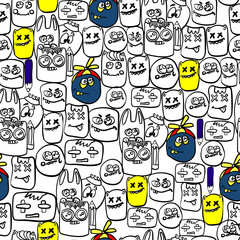 Fototapeta na wymiar Artistic colorful seamless pattern with people. Hand drawing simply faces doodle. Cartoon style vector illustration.