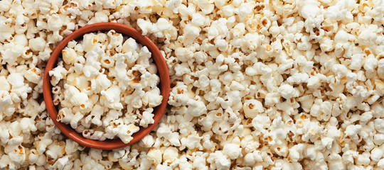 Popcorn background and texture. Panorama. View from above.