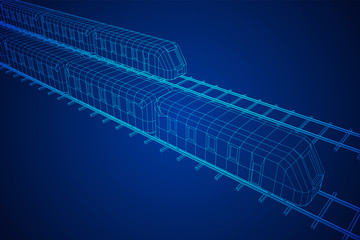 Modern high speed train on straight rails. Railway wireframe low poly mesh vector illustration