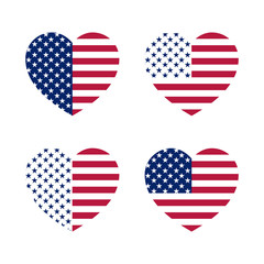 Different variants of a colored heart on a white background in the shape of the USA flag. Set of symbolic hearts from stars and stripes.