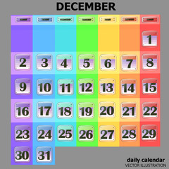 Colorful calendar for December 2020 in english. Set of buttons with calendar dates for the month of December. For planning important days. Banners for holidays and special days. Vector Illustration.