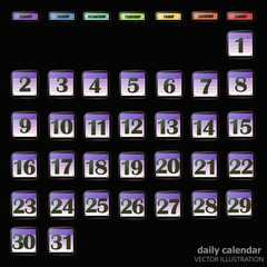 Set of buttons with calendar dates for the month of December. For planning important days. Banners for holidays and special days. Vector Illustration.