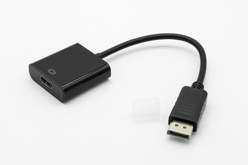 Detailed view of a Display Port to HDMI AV cable showing its connectors and black connector housing. Used to convert Display Port Video to HDMI input devices, screens