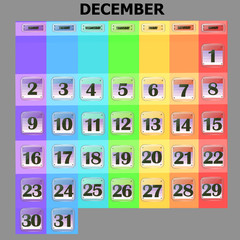 Colorful calendar for December 2020 in english. Set of buttons with calendar dates for the month of December. For planning important days. Banners for holidays and special days. Illustration.