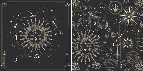 Vector illustration set of moon phases. Different stages of moonlight activity in vintage engraving style. Zodiac Signs © chikovnaya