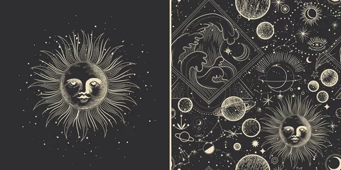 Tapeten Vektorillustrationssatz Mondphasen. Verschiedene Phasen der Mondlichtaktivität im Vintage-Gravur-Stil. Sternzeichen © chikovnaya