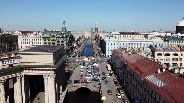 Aerial view of the building of the company Singer, Nevskiy prospect, Saint Petersburg. Stock footage. Life of the beautiful city in Russia, architecture concept.