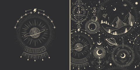 Fototapeta Vector illustration set of moon phases. Different stages of moonlight activity in vintage engraving style. Zodiac Signs obraz