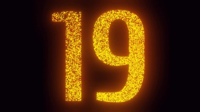 Nineteen years happy birthday, anniversary, holiday, celebration fireworks, bloom, sparkles number animation. 3 fonts variations, 480 frames for each variant. 4K Ultra HD 3D render