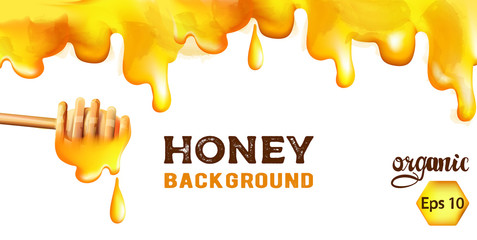 Watercolor honey dripping from top. Wooden dipper. Banner style vector