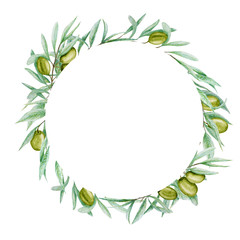 Watercolor green olive tree branch leaves wreath, Realistic olives illustration on white background, Hand painted Frame. Isolated Border design for invitations, greeting card, poster, label concept.