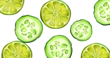 Green cucumber and lime slices for banner. Watercolor style vector