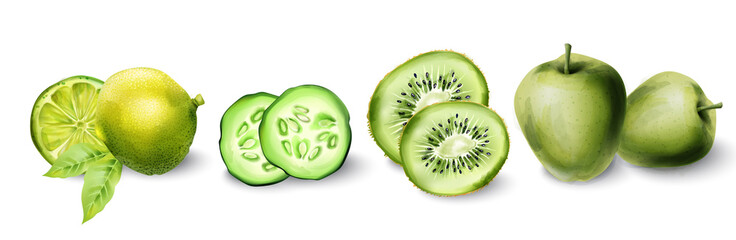 Green watercolor apple, kiwi, lime and cucumber. Be Healthy food vector
