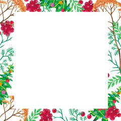 Watercolor frame background with Christmas tree, berry and winter branches. Hand drawn layout frame of winter elements. New Year and Merry Christmas Square composition of borders on white.