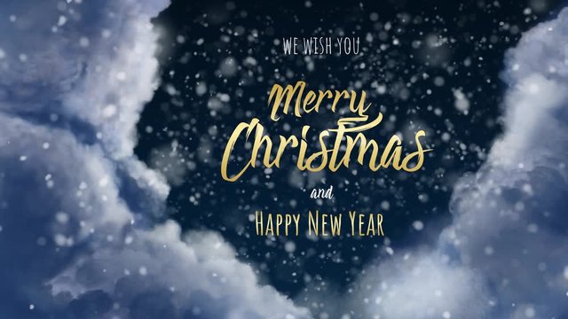 snow falling on winter nights with clouds. Merry christmas and happy new year wishes. Snowy winter dark sky animated background. Greetings like we wish you merry chrisrmas and happy new year
