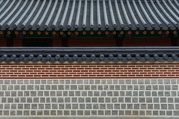 A brick wall and roof of Gyeongbokgung Palace, South Korea