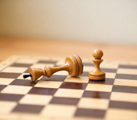 Pawn wins a victory over the king. Chess pieces.