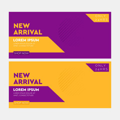 Purple banner design. Yellow poster, Gift card, Sale voucher, Header, Facebook banner. Vector, Illustration