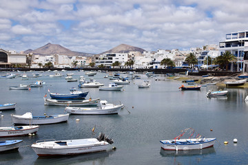 Laguna Charco de San Gines, Arrecife, Lanzarote island, Spain. Fisher boats at the laguna in Arrecife, Canary Islands