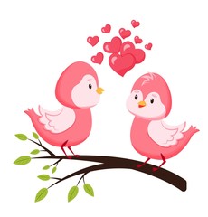 Lovebirds on a branch. Valentine's Day. Arrival of spring. Spouses day. Template for greeting cards, prints. Isolated on white background.