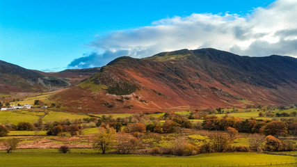 The Newlands Pass scenic valley in autumn with snow capped mountains. Popular destination in the Lake District, Cumbria, United Kingdom. 