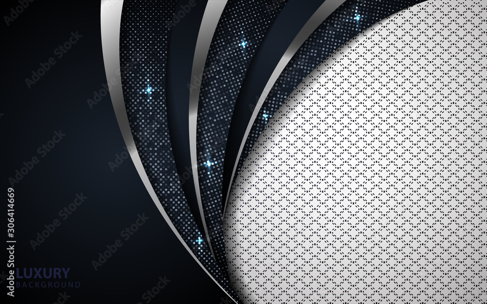 Poster dark blue abstract background with paper shapes overlap layers. luxury concept texture with silver g