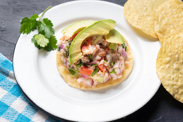Mexican fish  ceviche with avocado on dark background
