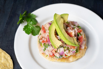 Mexican fish  ceviche with avocado on dark background