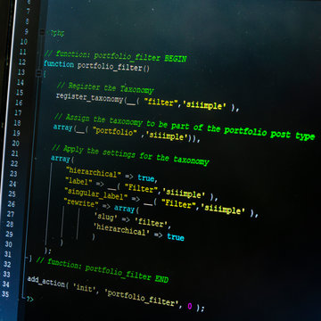 Modern web development background. Abstract pieces of PHP code of sale system. Written function for Portfolio for a website.