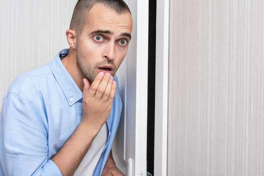 Scared Man Was Listening Outside The Door, Portrait, Close Up, Toned